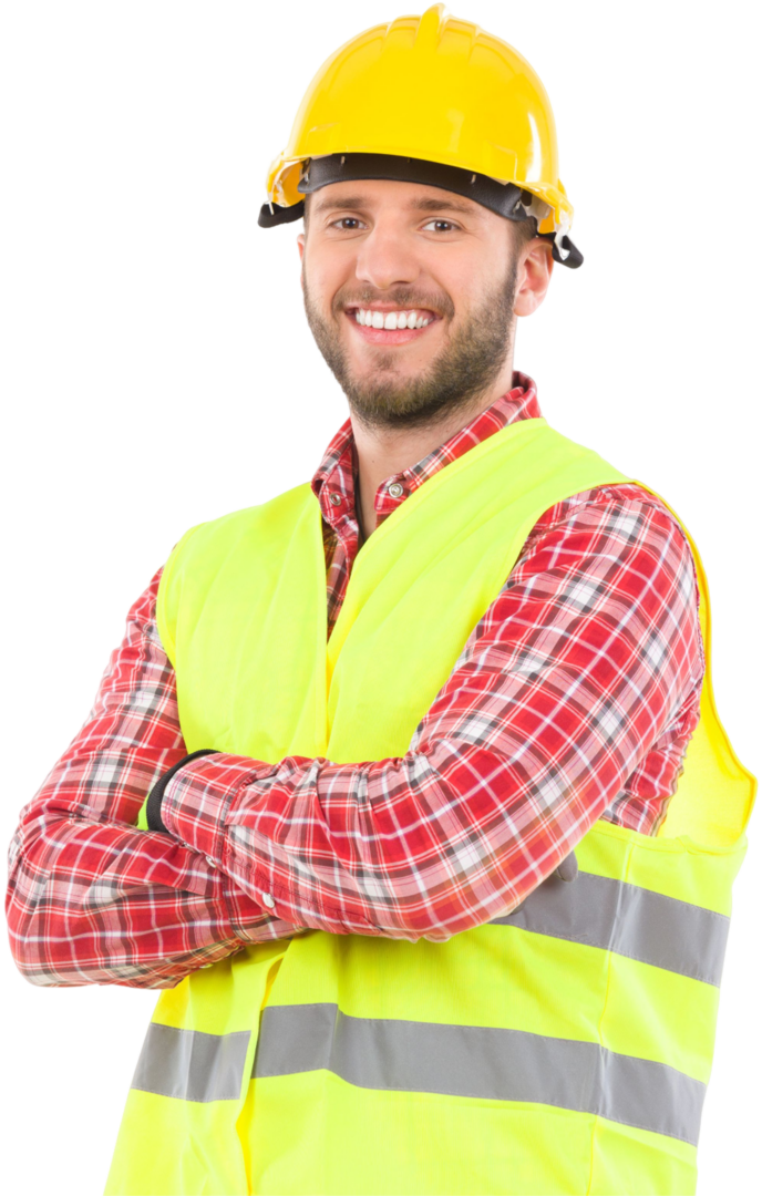 Man in a yellow hard hat and reflective vest, smiling with arms crossed.